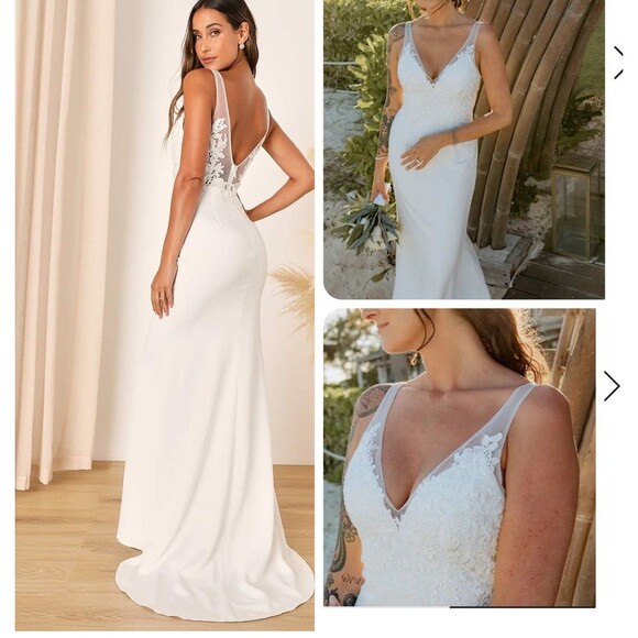 Lulus Precious Promise White Satin Embroidered Lace Mermaid Maxi Dress Small NWT - Picture 1 of 10